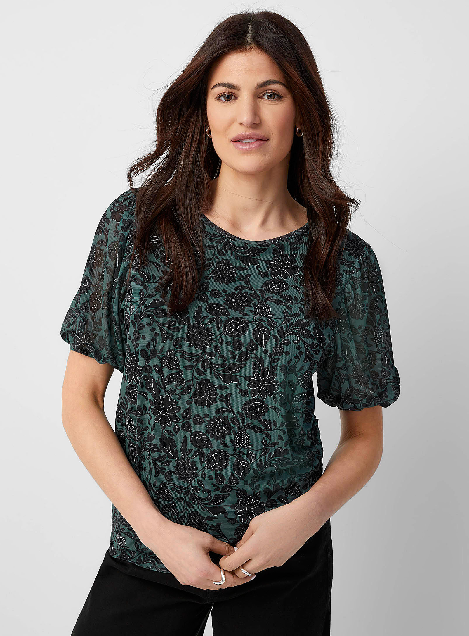 Contemporaine Puff-sleeve Micromesh T-shirt In Kelly Green