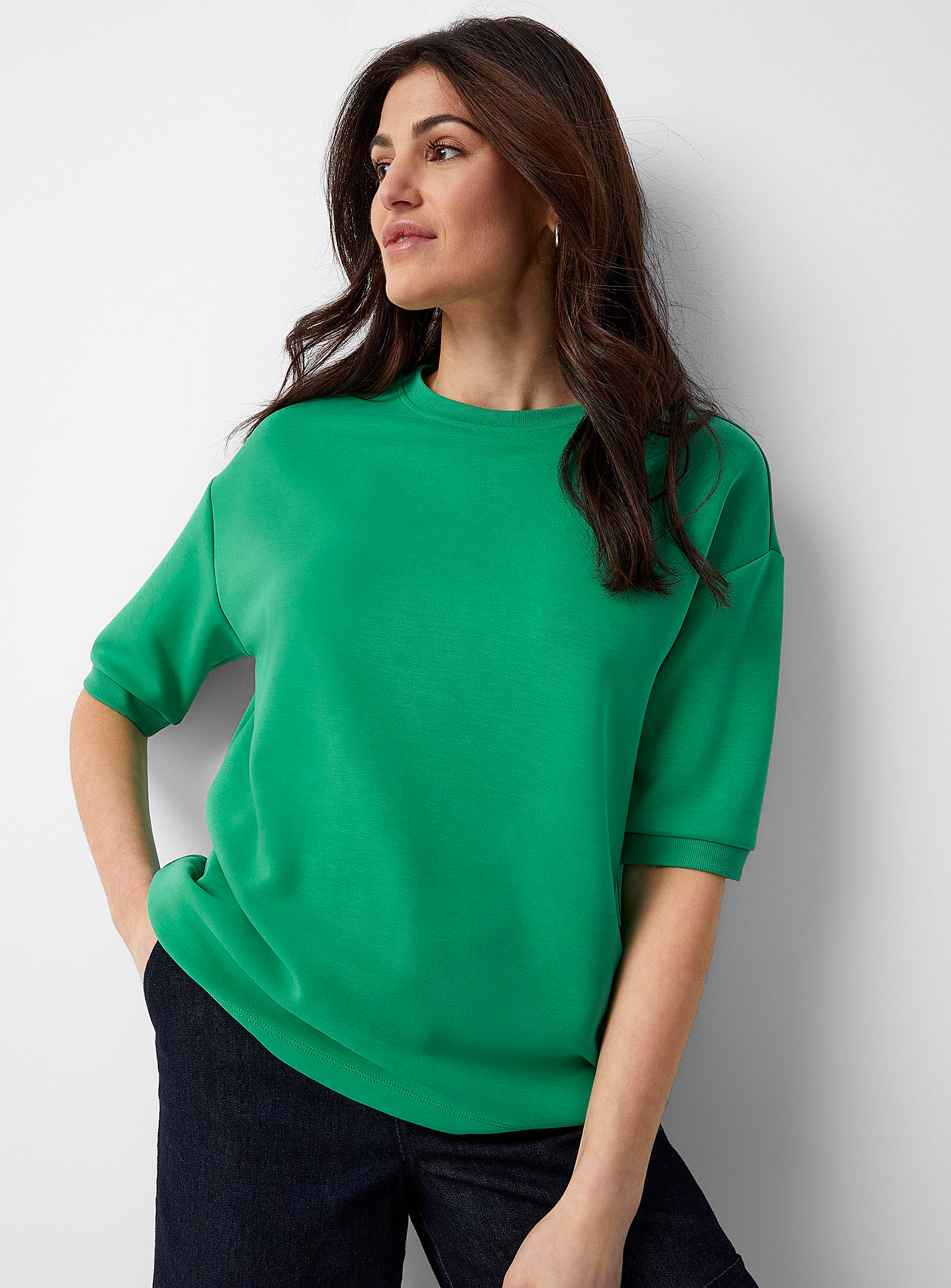 Contemporaine Elbow-length-sleeve Peachskin Sweatshirt In Bottle Green