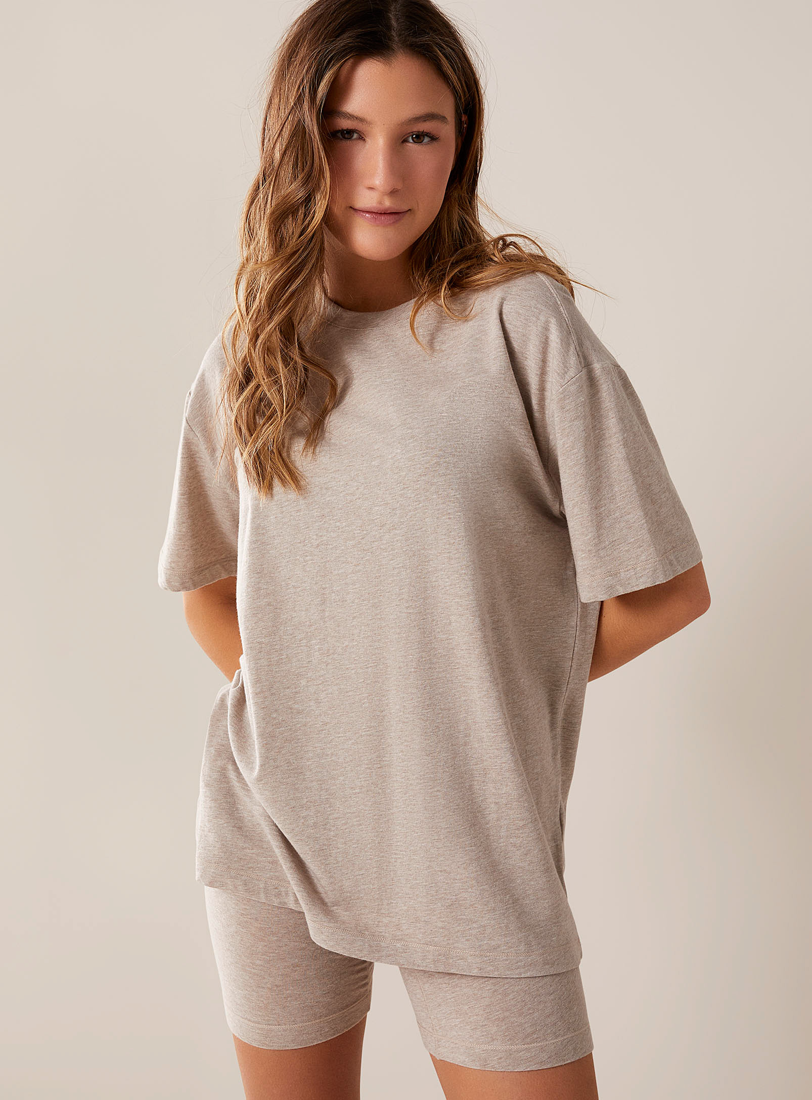 Miiyu X Twik Heathered Modal And Organic Cotton Lounge T-shirt In Cream Beige