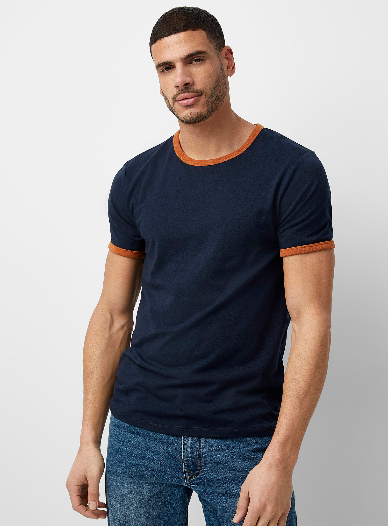 Le 31 Contrast Trim Retro T-shirt Muscle Fit In Marine Blue