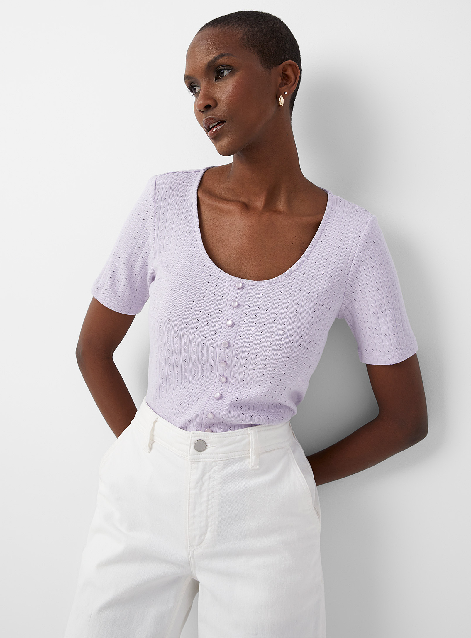 Contemporaine Pointelle Pattern Buttoned T-shirt In Lilacs
