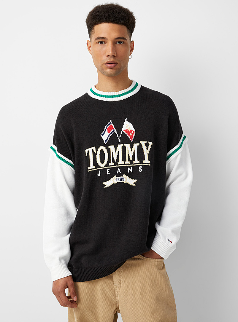 Tommy Hilfiger Black Trompe-l'oeil sleeve logo sweater for men