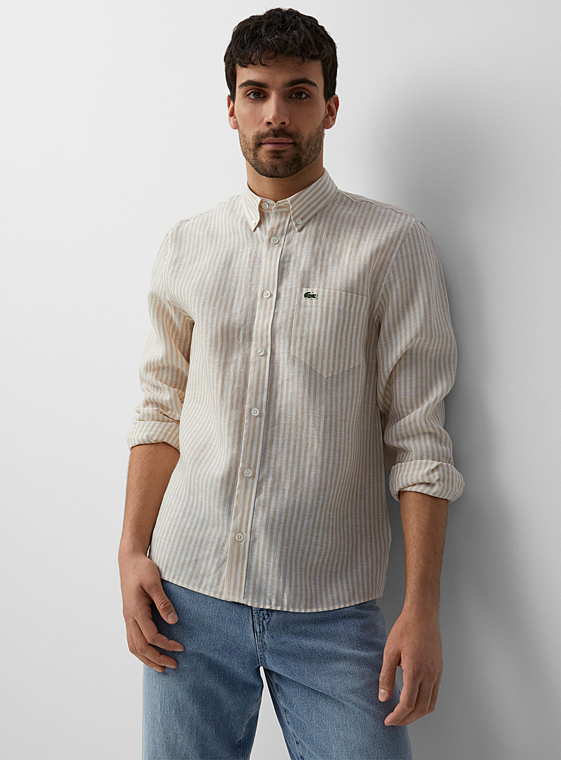 Lacoste: La chemise pur lin rayures verticales Miel - Chameau pour homme