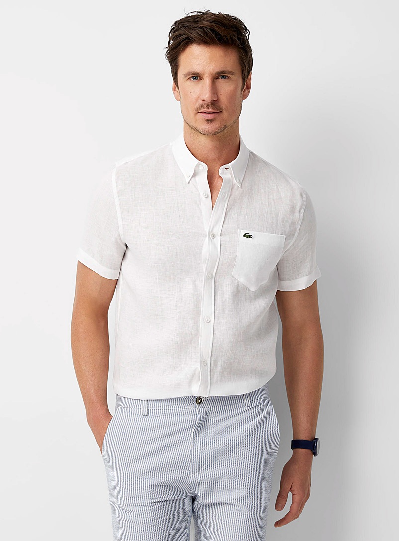 Lacoste White End-on-end pure linen shirt Comfort fit for men