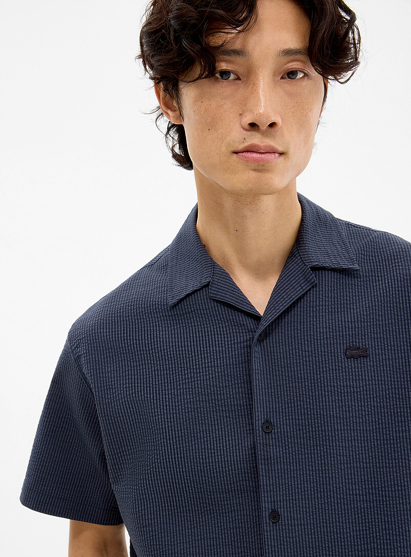 Lacoste Navy/Midnight Blue Striped seersucker camp shirt <b>Relaxed fit</b> for men