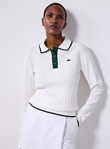 Lacoste: Le chandail polo de sport tricot large c&ocirc;tes Blanc pour femme