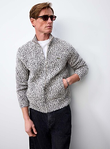 Lacoste: Le cardigan zipp&eacute; maille effet chin&eacute; Blanc &agrave; motifs pour homme