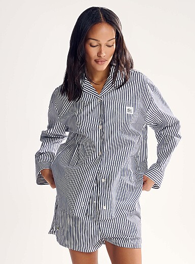 Lacoste Patterned Blue Striped poplin pyjama set for women