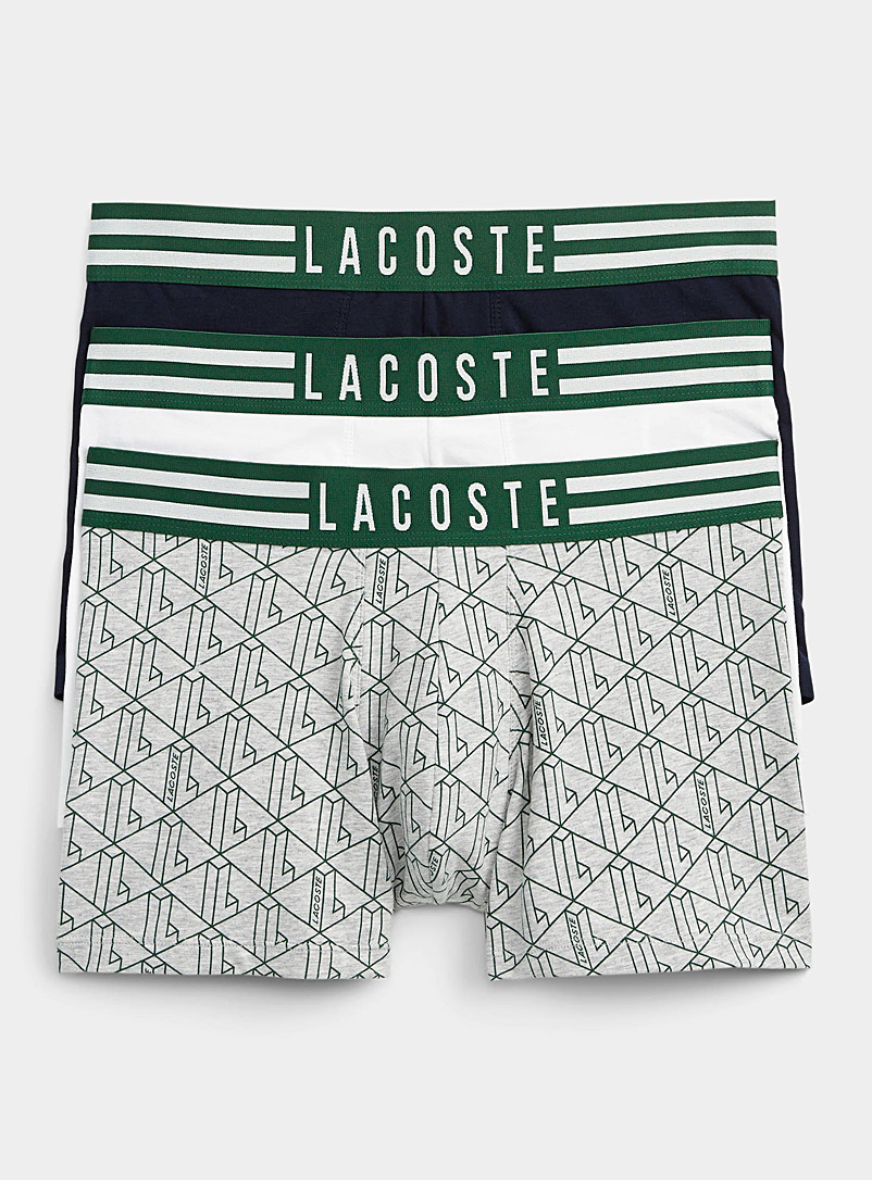 Lacoste Patterned Grey Solid and green-accent logo trunks 3-pack for men