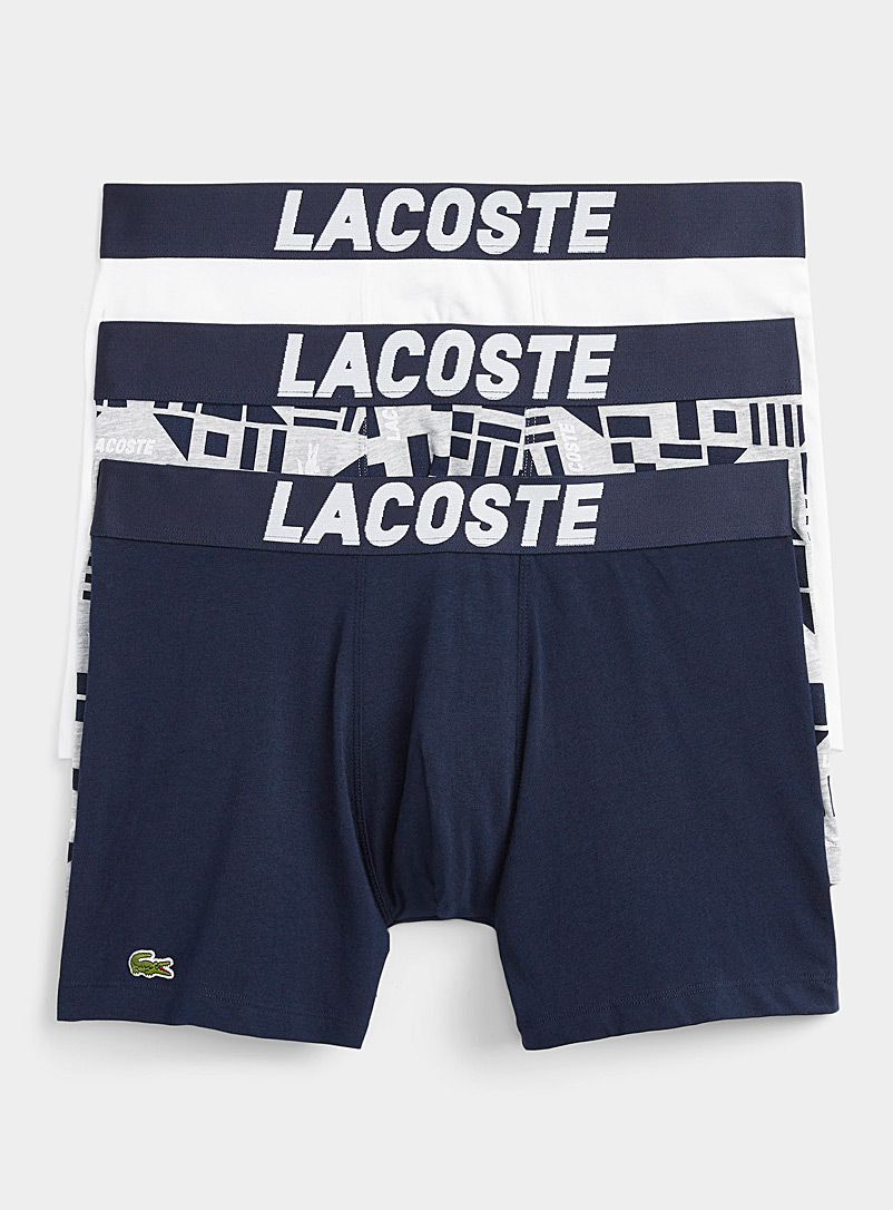 Lacoste Patterned Blue Geo pattern and solid logos boxer briefs 3-pack for men