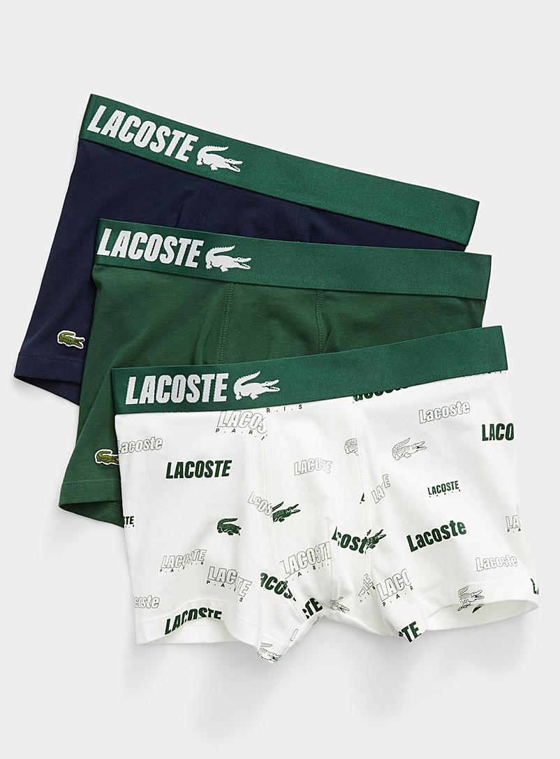 Lacoste: Les boxeurs courts logo répété et unis Emballage de 3 Vert à motifs pour homme
