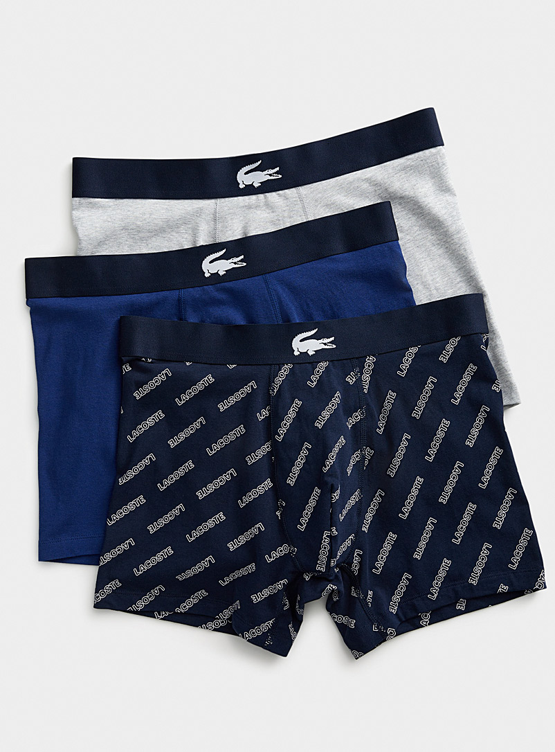 Lacoste Patterned Blue Solid and patterned stretch cotton boxer briefs 3-pack for men