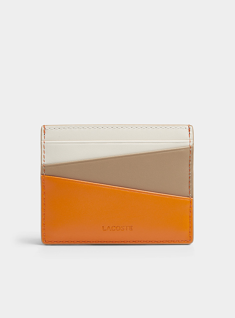 Lacoste Patterned Ecru Beige and orange matte leather card holder for men