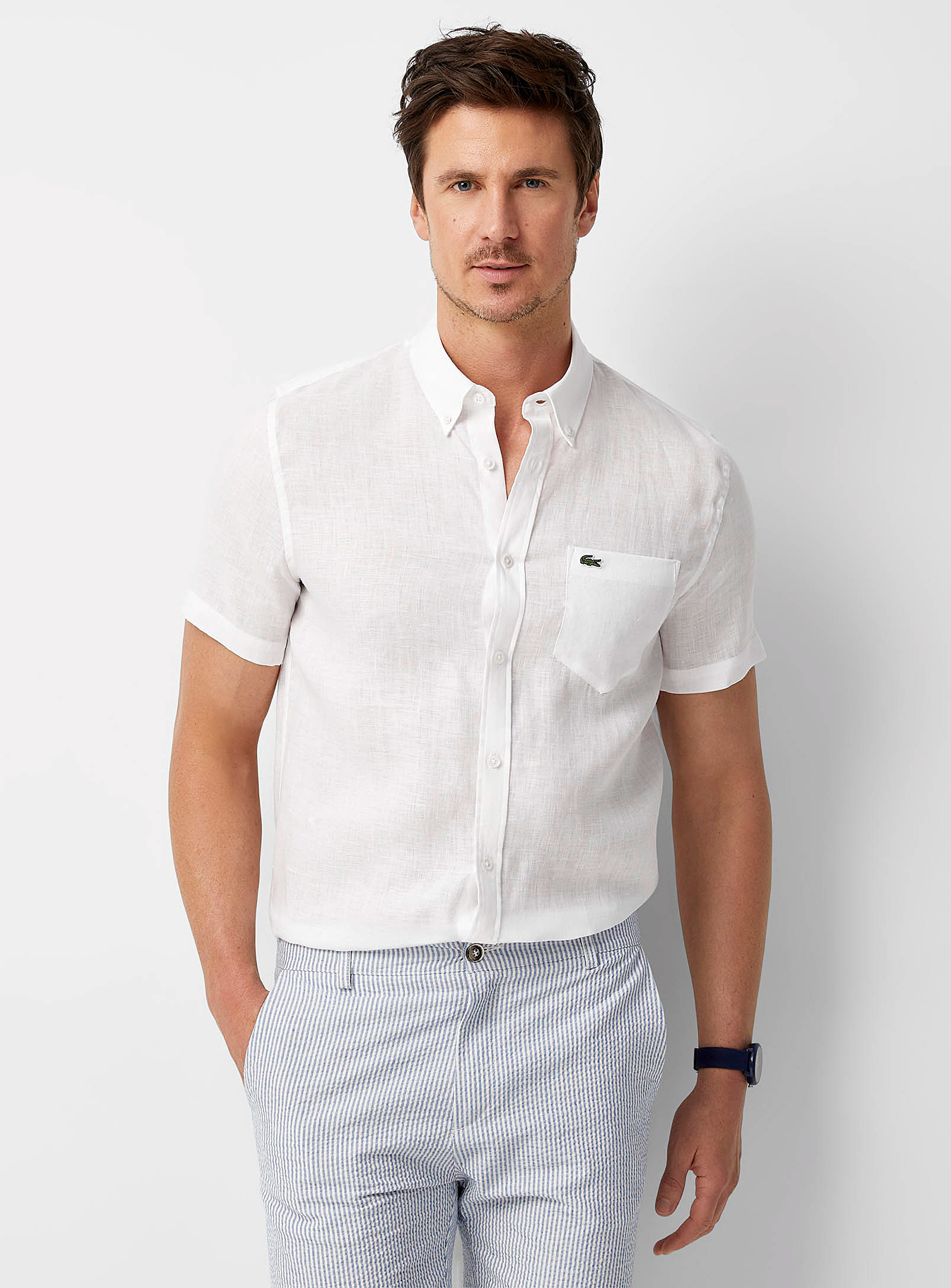 Lacoste End-on-end Pure Linen Shirt Comfort Fit In White