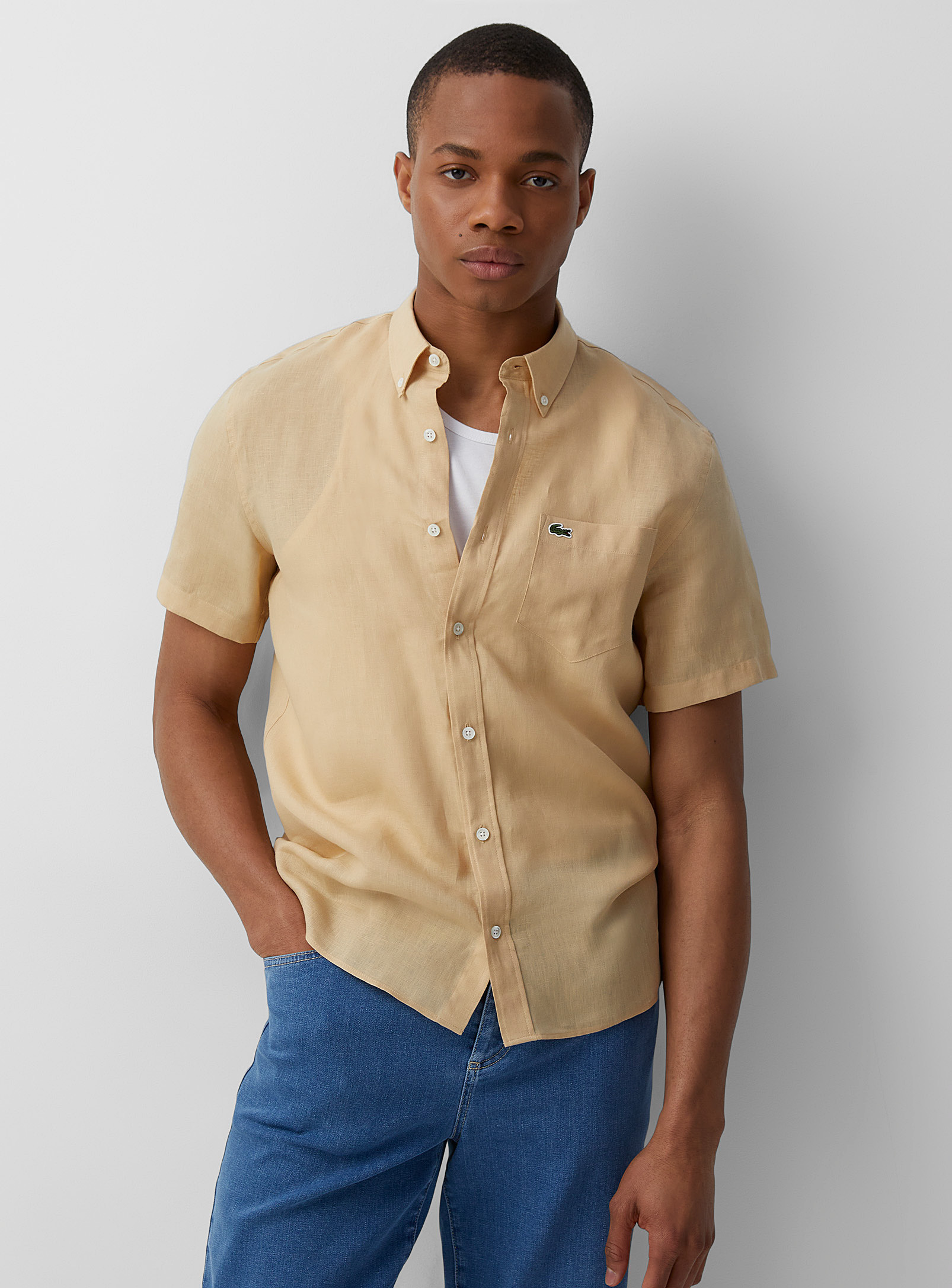 Lacoste End-on-end Pure Linen Shirt Comfort Fit In Ecru/linen