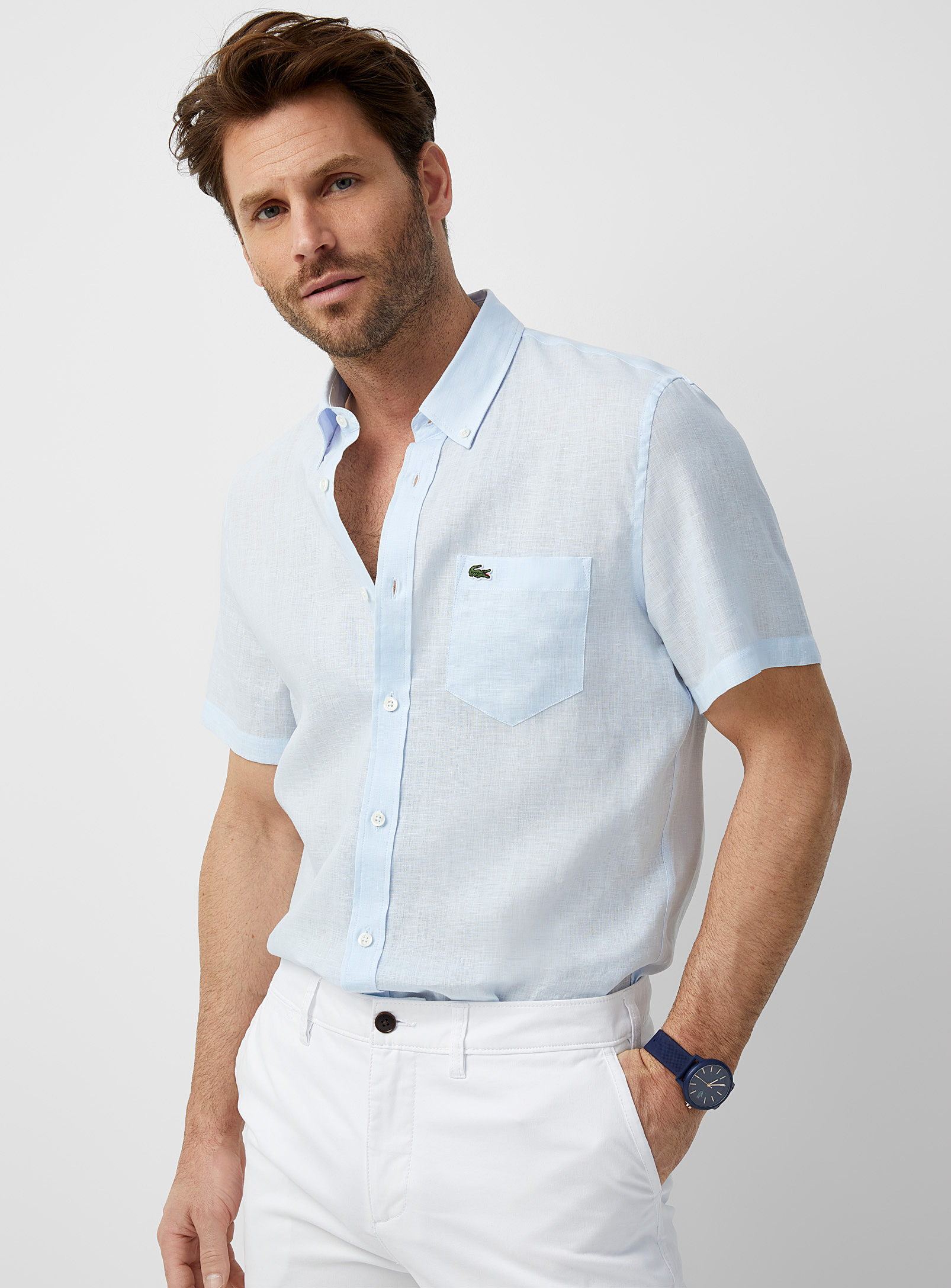 Lacoste End-on-end Pure Linen Shirt Comfort Fit In Baby Blue