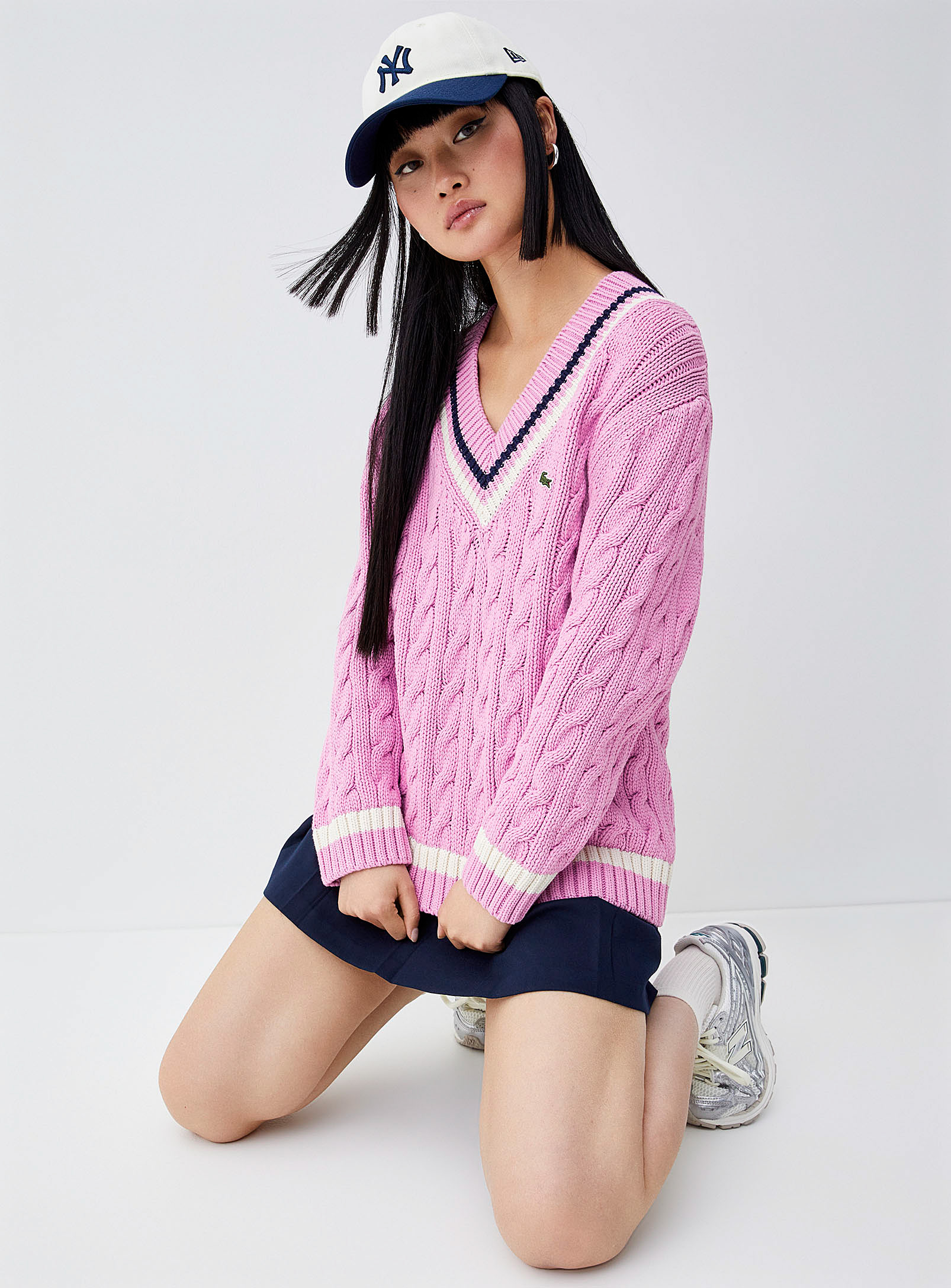 Shop Lacoste Striped Cables Sweater In Pink