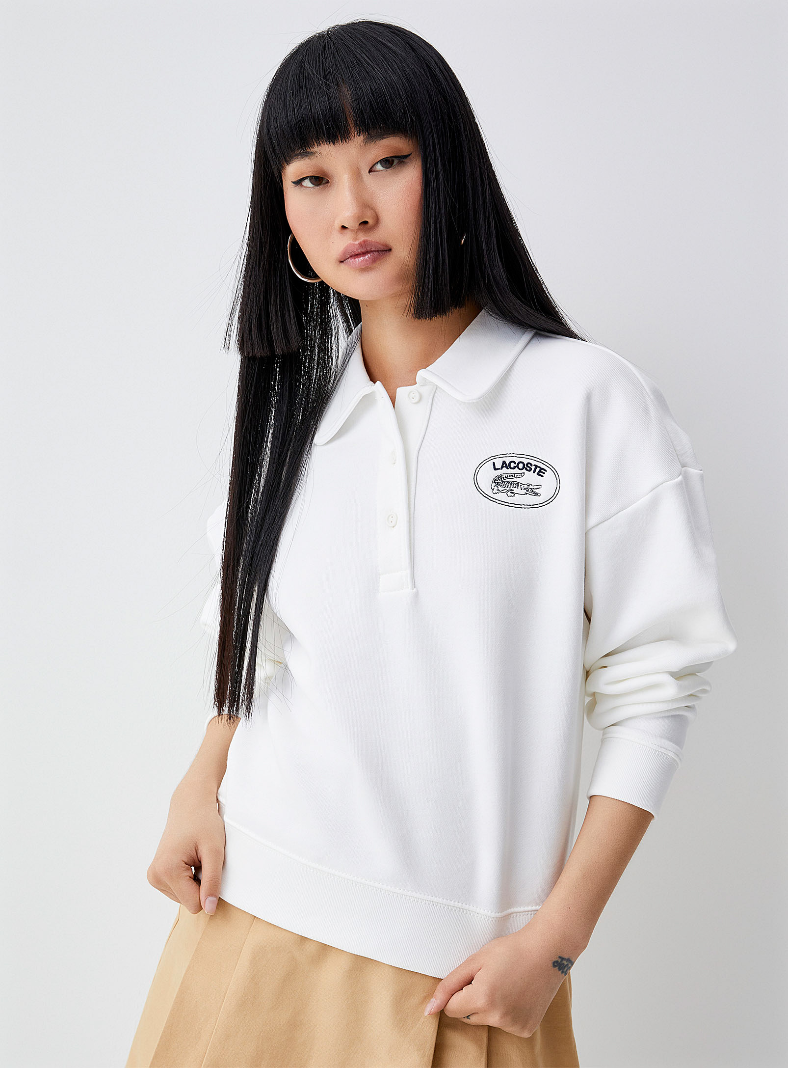 Lacoste Sewn Logo Cropped Polo In Off White
