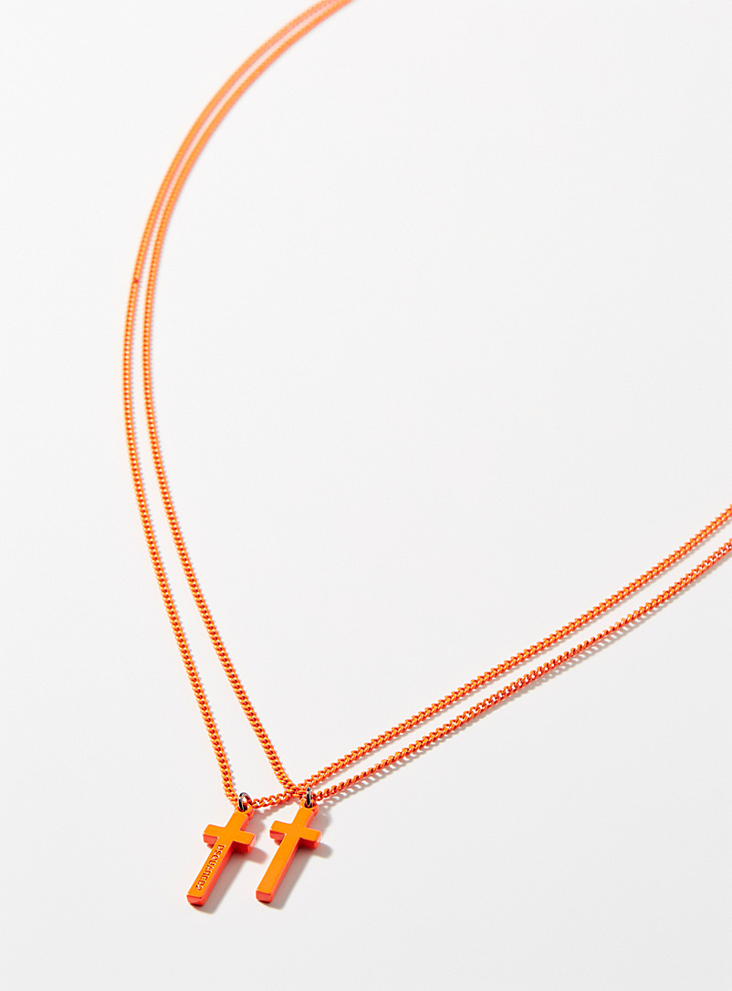 Dsquared2: Le collier double croix orange néon Jaune or pour homme