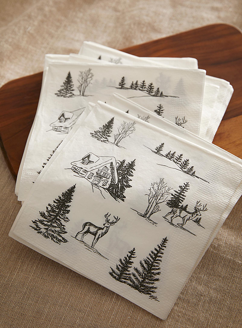 Simons Maison: Les serviettes en papier paysage hivernal 16,5 x 16,5 cm. Paquet de 30. Blanc à motifs