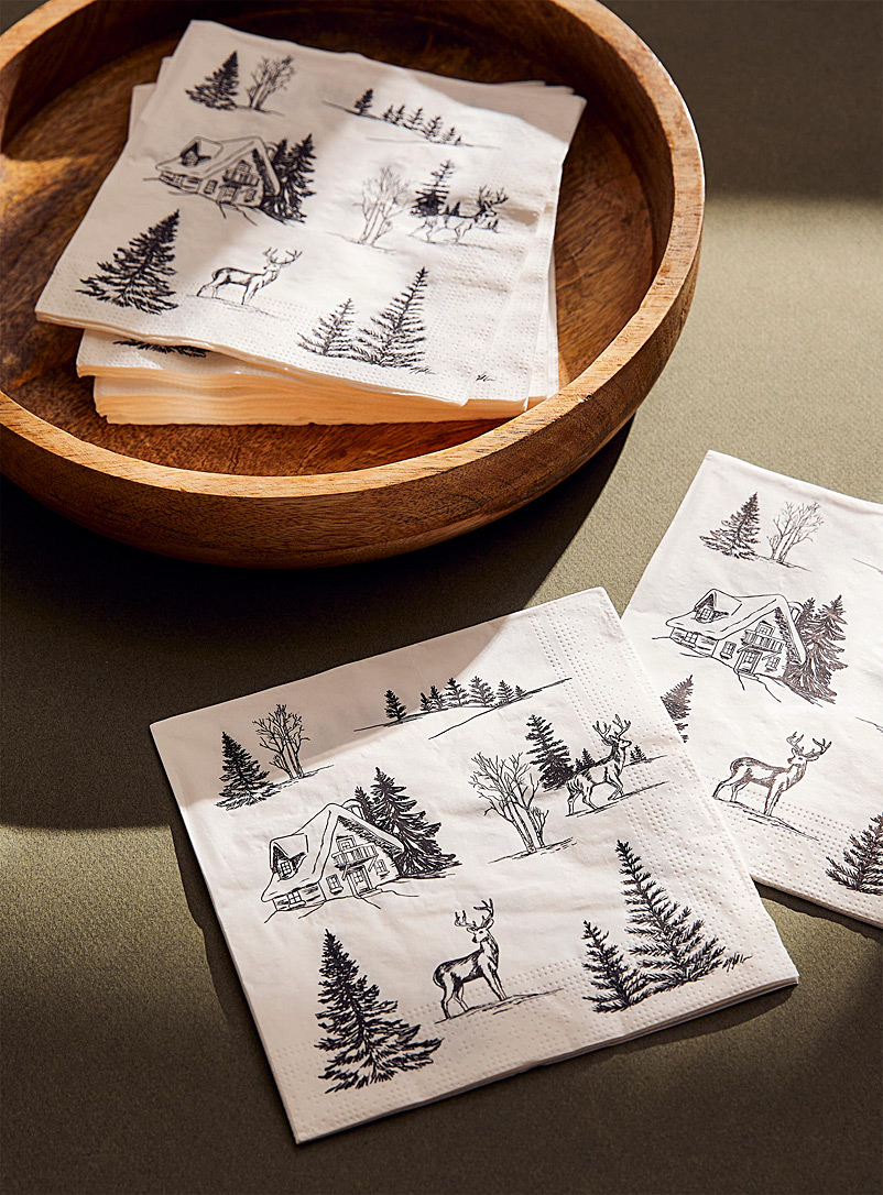 Simons Maison: Les serviettes en papier paysage hivernal 16,5 x 16,5 cm. Paquet de 25. Blanc à motifs