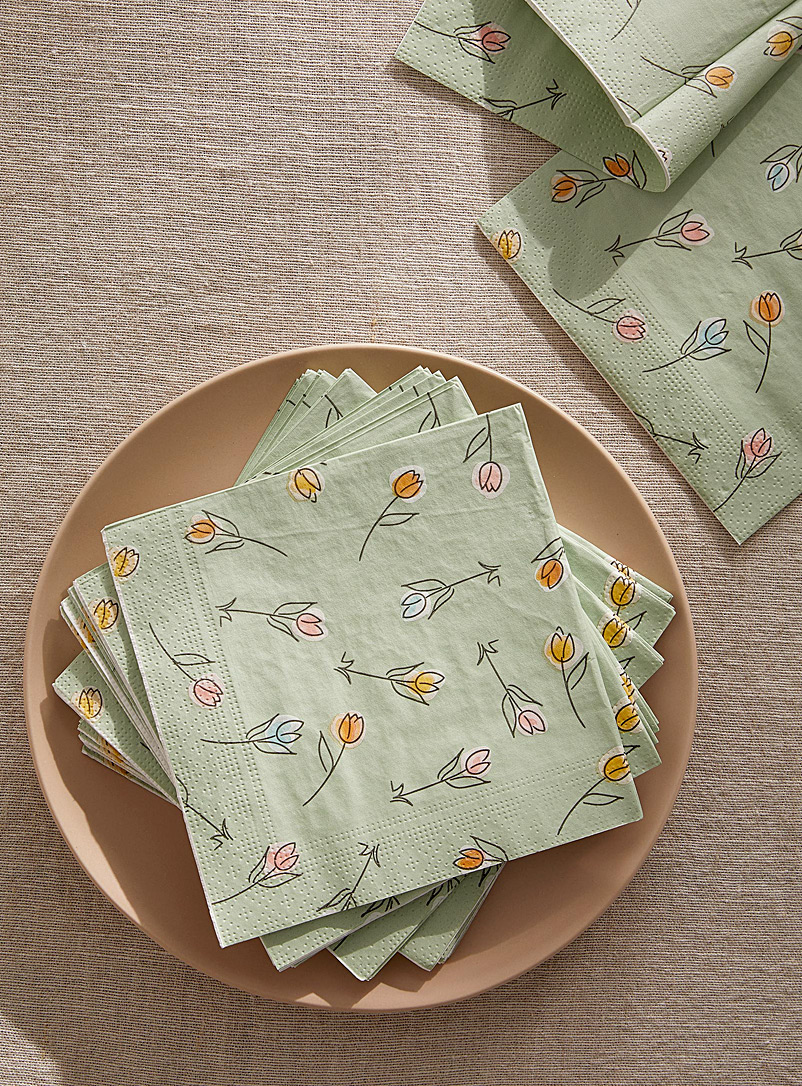 Simons Maison: Les serviettes en papier tulipes pastel 16,5 x 16,5 cm. Paquet de 25. Vert à motifs