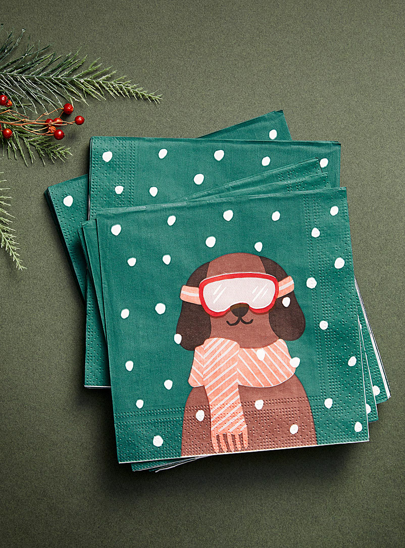 Simons Maison: Les serviettes en papier chien au ski 16,5 x 16,5 cm. Paquet de 25. Vert à motifs
