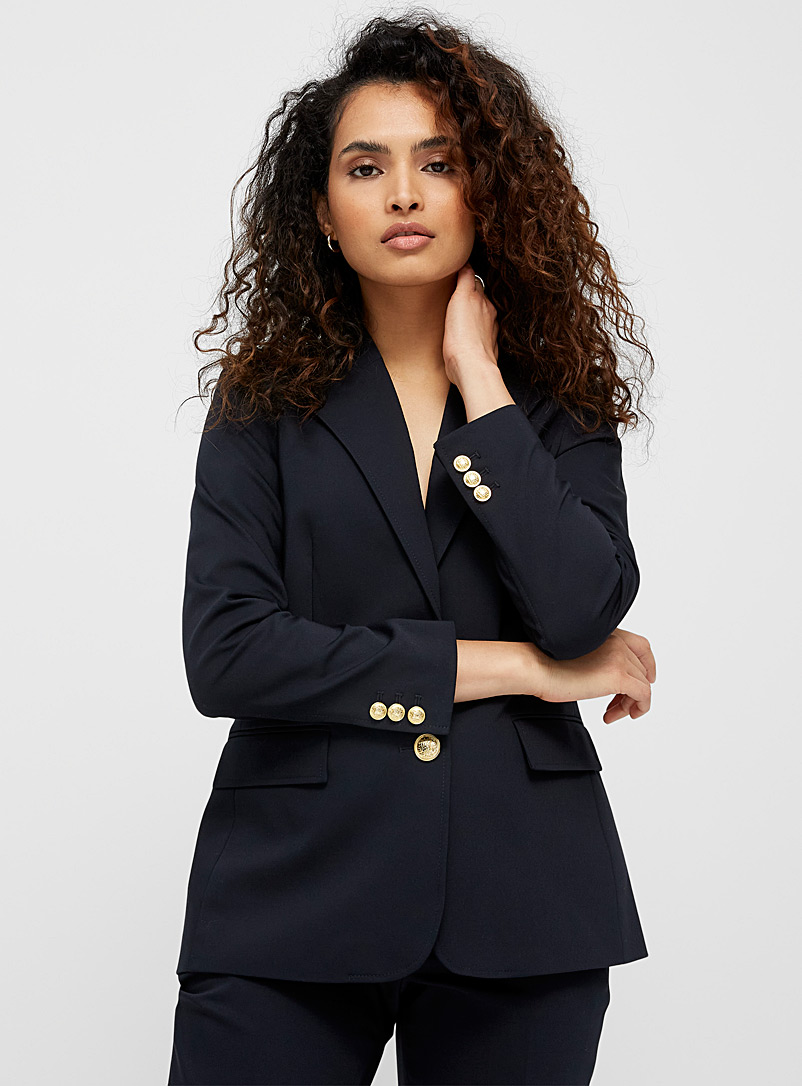 Contemporaine Dark Blue Crest buttons structured blazer for women