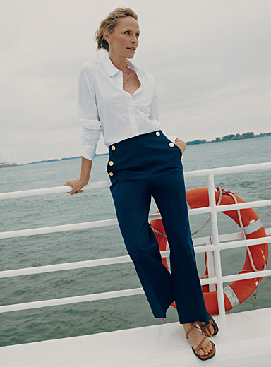 Contemporaine Marine Blue Golden-button stretch pant for women
