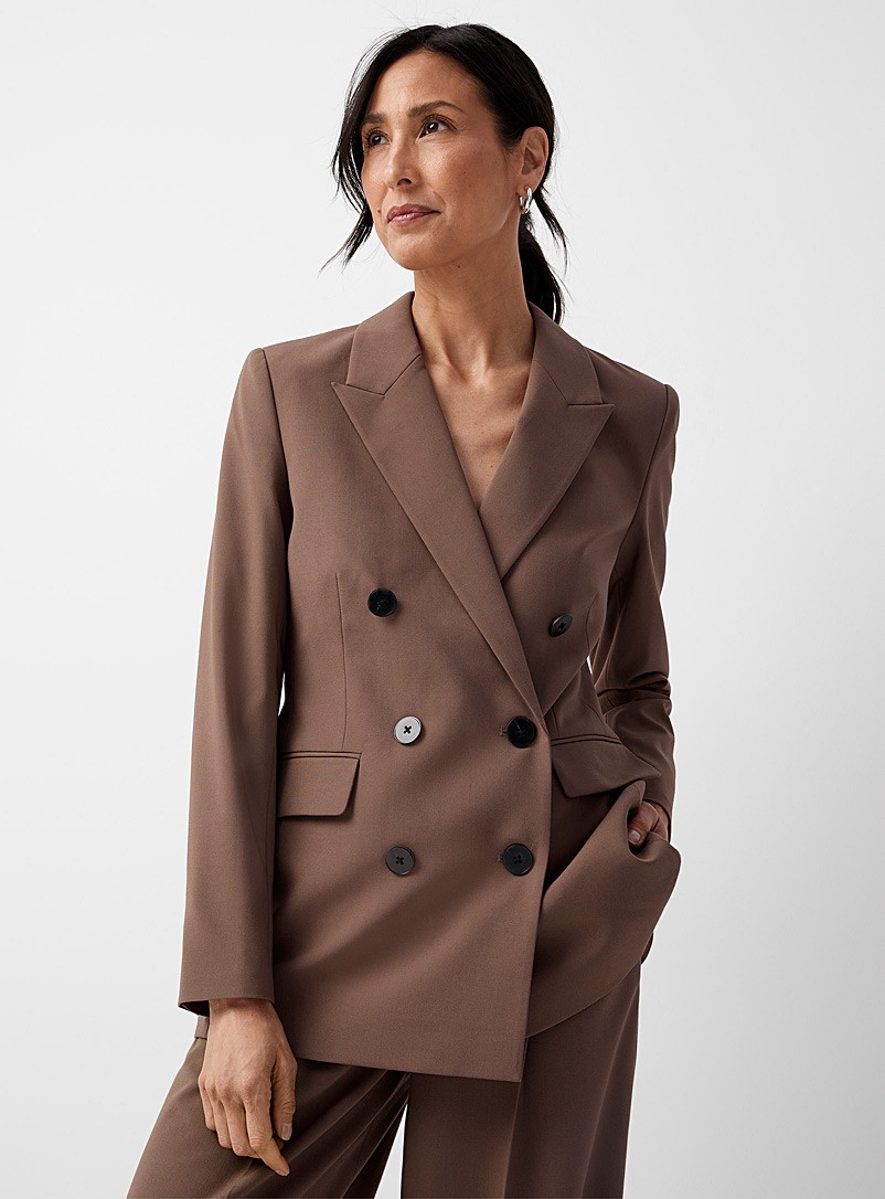 Contemporaine Light Brown Double-breasted stretch blazer for women