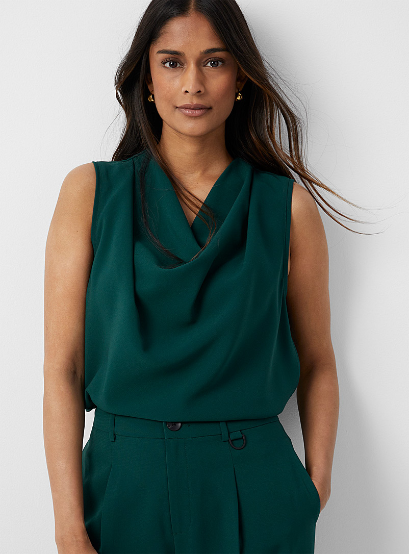 Contemporaine Mossy Green Flowy draped collar cami for women