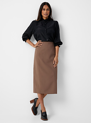 Contemporaine Light Brown Stretch midi pencil skirt for women