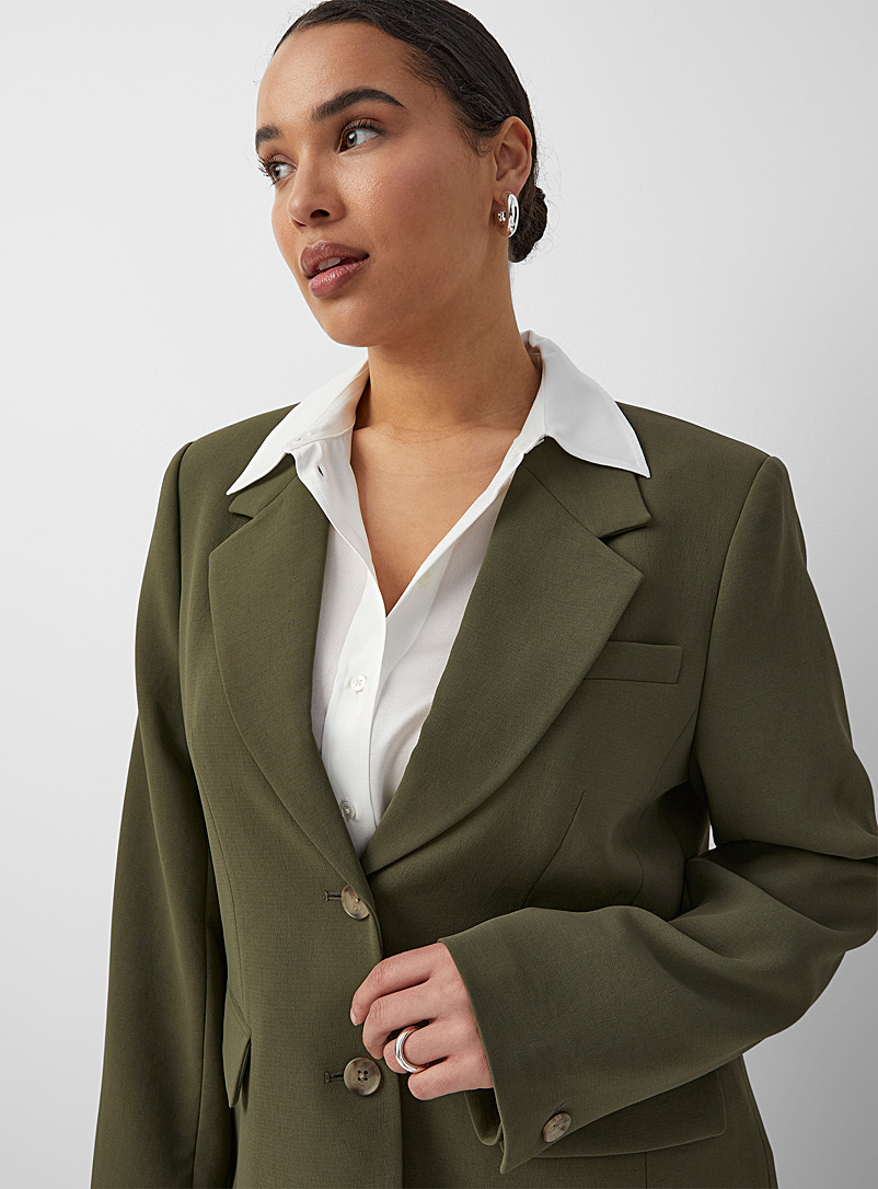 Contemporaine Mossy Green Textured crepe two-button blazer for women