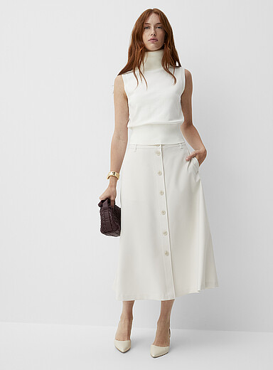 Contemporaine Off White Flowy flared buttoned skirt for women