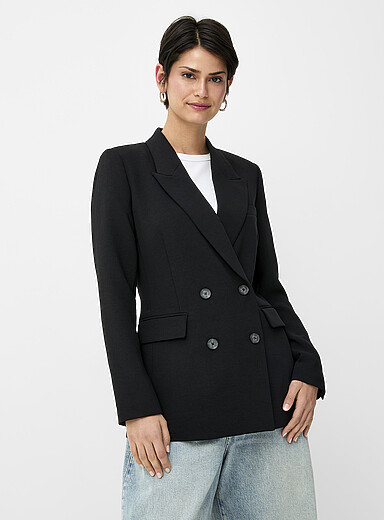 Contemporaine Black Textured crepe plain blazer for women