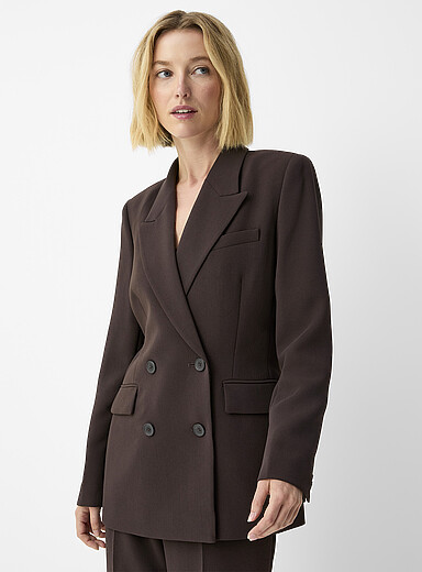 Contemporaine Chocolate/Espresso Textured crepe plain blazer for women