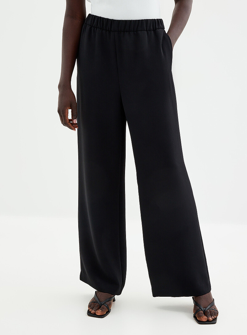 Contemporaine Black Elastic waistband textured crepe pant <b>Fit: Wide leg, super high rise</b> for women