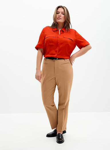 Contemporaine: Le pantalon structur&eacute; poches passepoil&eacute;es <b>Coupe : jambe ajust&eacute;e, taille haute</b> Miel - Chameau pour femme