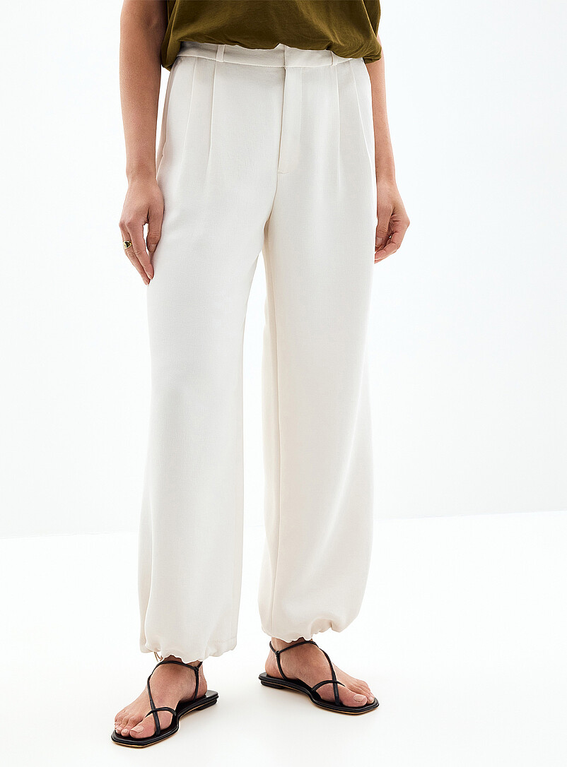 Contemporaine Ivory/Cream Beige Drawsting ankle textured crepe pant <b>Fit: Ultra-wide leg, high rise</b> for women