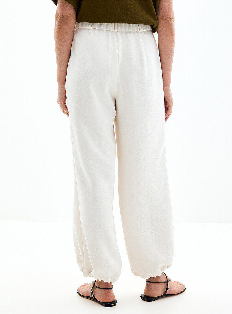 Contemporaine Ivory/Cream Beige Drawsting ankle textured crepe pant <b>Fit: Ultra-wide leg, high rise</b> for women