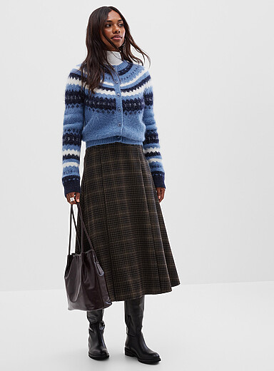 Contemporaine Patterned Brown Two-pleat plaid midi skirt for women