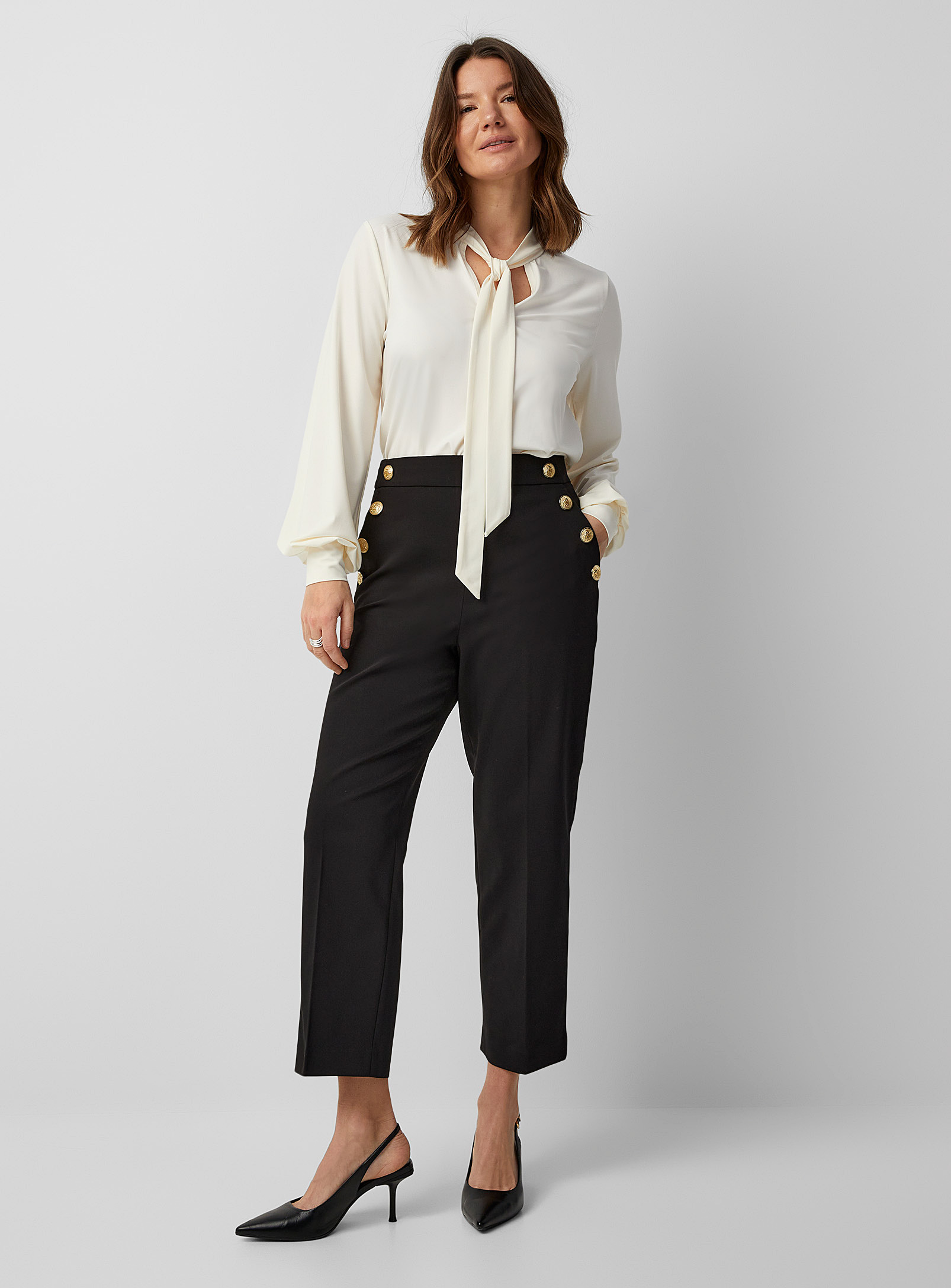 Contemporaine Crest Buttons Structured Pant In Black
