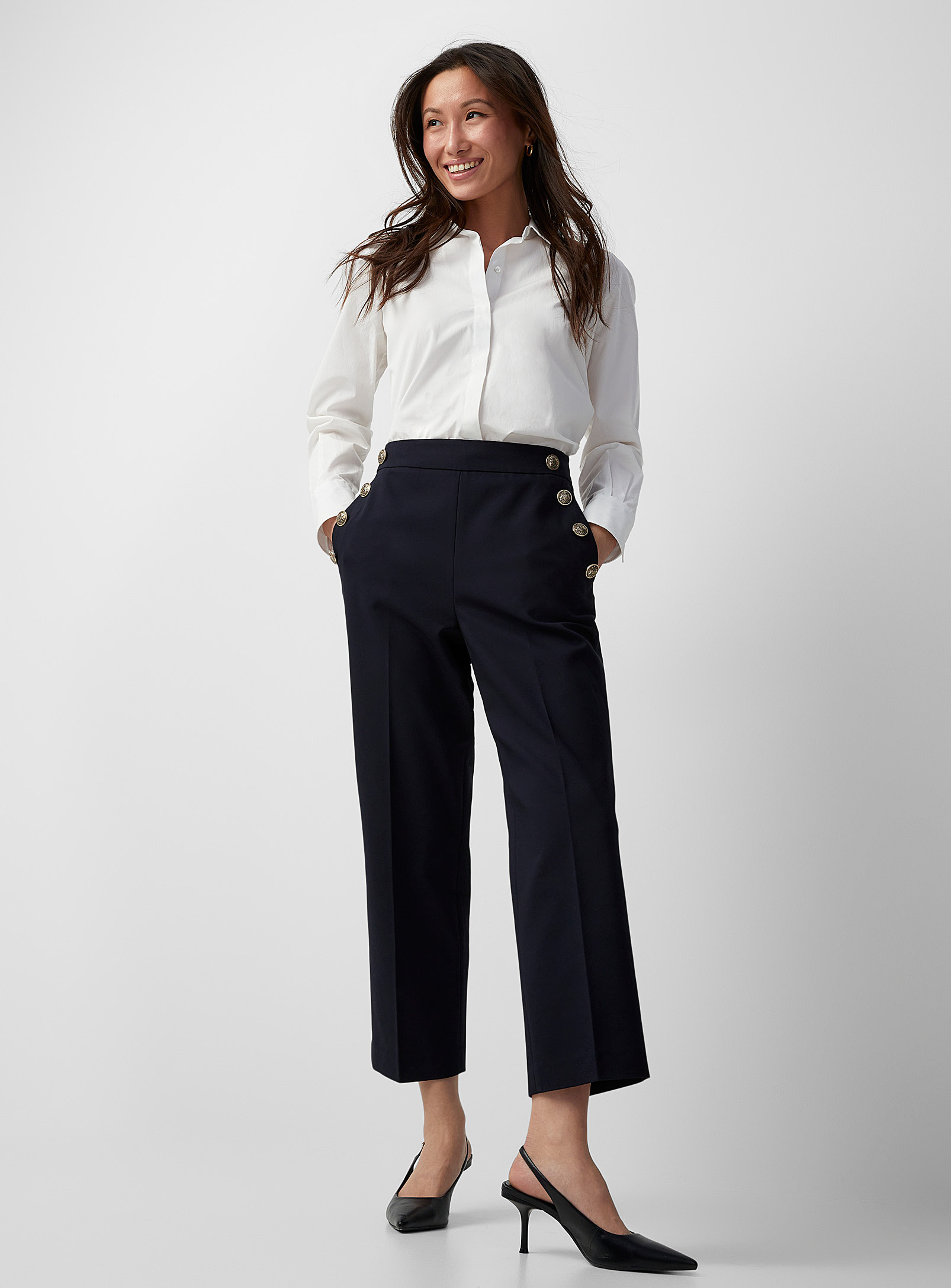 Contemporaine Crest Buttons Structured Pant In Marine Blue