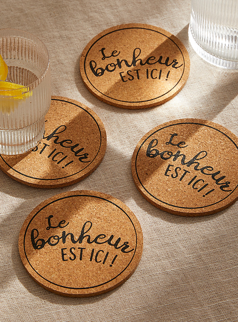 Simons Maison Sand Happiness is here message cork coasters Set of 4