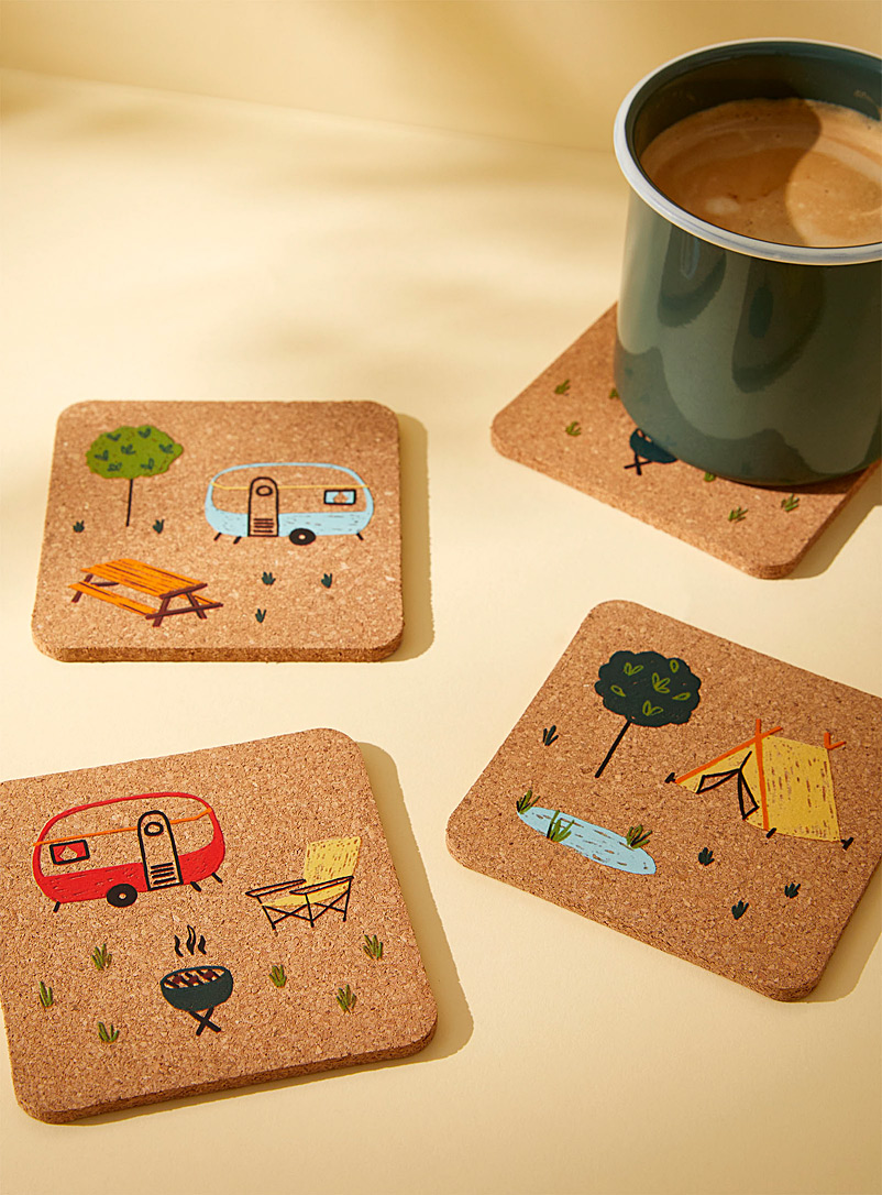 Simons Maison Patterned Brown Camping trip cork coasters Set of 4