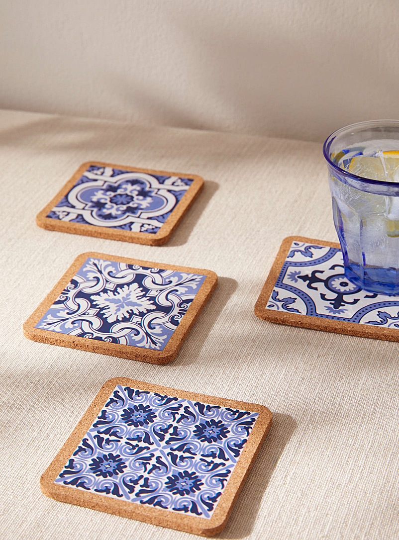 Simons Maison Patterned Brown Portuguese tiles cork coasters Set of 4