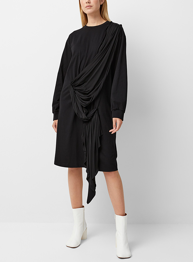 MM6 Maison Margiela: La robe sweat drapée asymétrique Noir pour femme