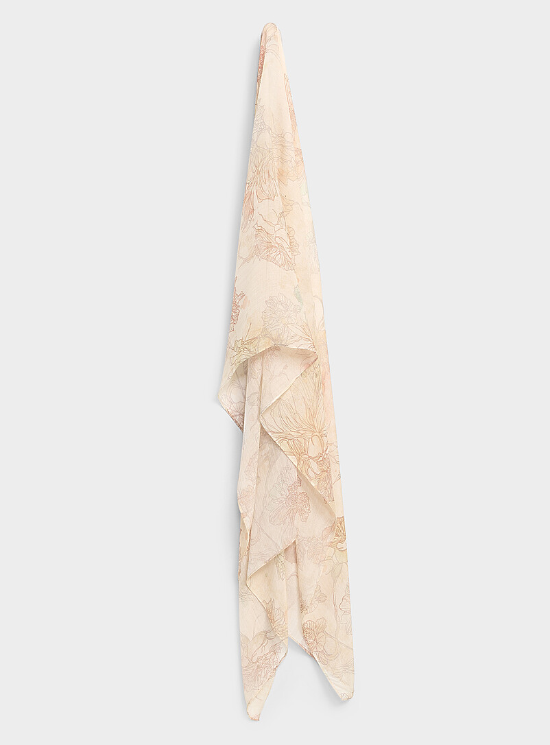 Écharpe Légère Femme Viscose Blanche Avec Pompons & Motif Cactus - Neuve Sans étiquette