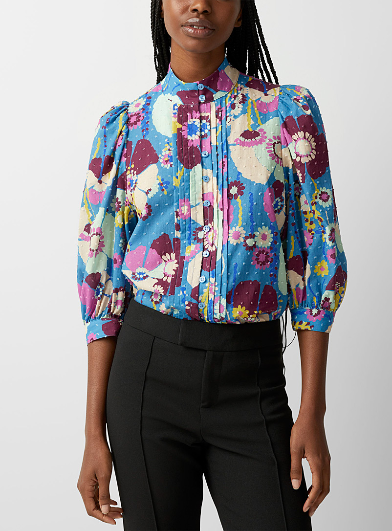Smythe Patterned Blue Eclectic floral print blouse for women