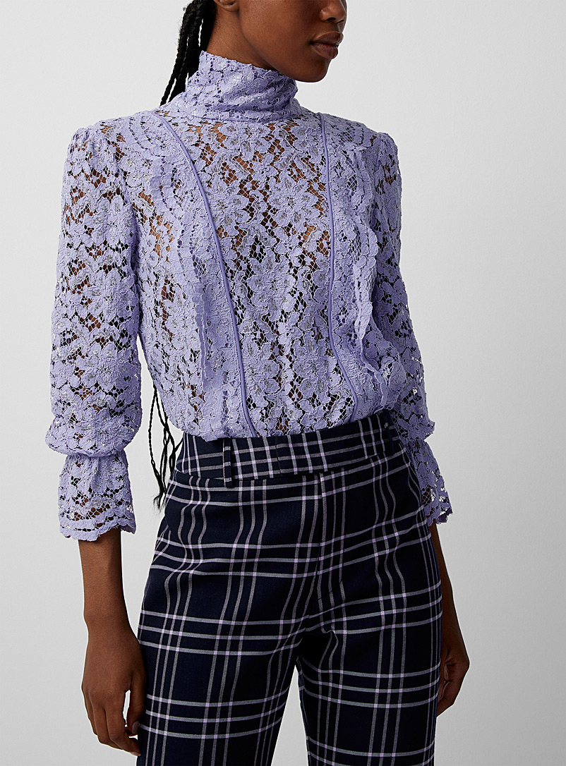 Scalloped stripes lilac lace blouse